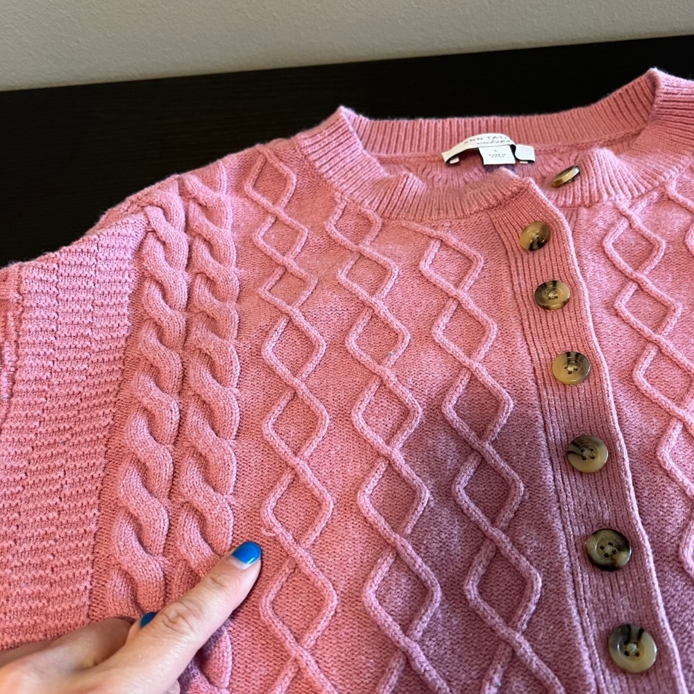 Ann Taylor Weekend Pink Cable Knit Henley Sweater Women's Large Button Up - Picture 7 of 11
